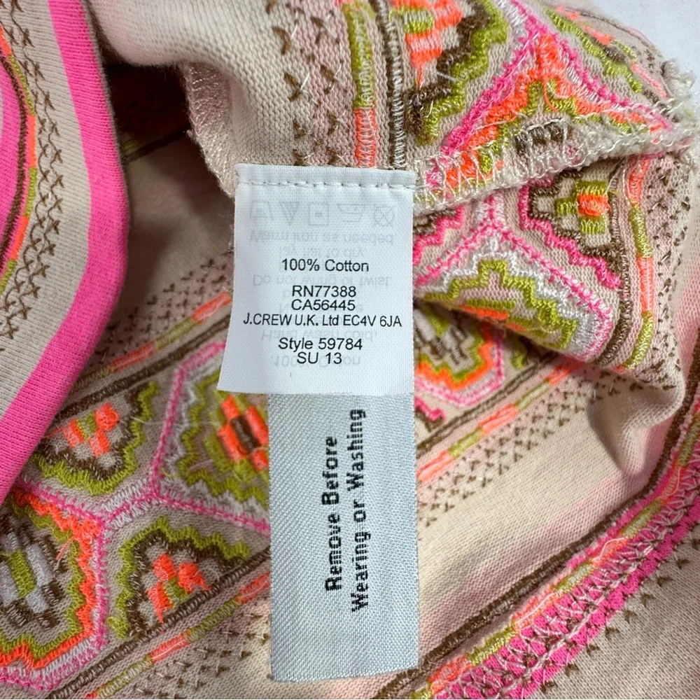 J. Crew XS neon pink stripe bohemian embroidered accent 3/4 sleeve top - Picture 8 of 13